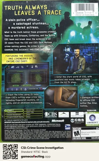 CSI: Crime Scene Investigation Xbox, NTSC box back