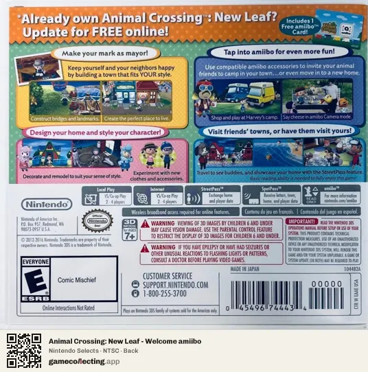 Animal Crossing: New Leaf - Welcome amiibo Nintendo 3DS, NTSC box back