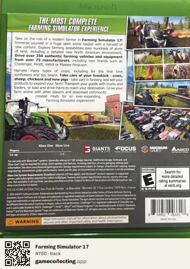 Farming Simulator 17 Xbox One, NTSC box back