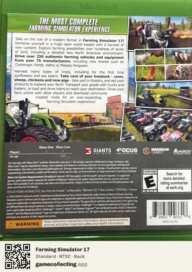 Farming Simulator 17 Xbox One, NTSC box back