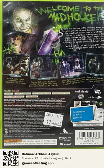 Batman: Arkham Asylum Xbox 360, United Kingdom box back