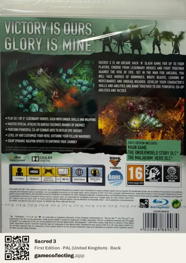 Sacred 3 PlayStation 3, United Kingdom box back