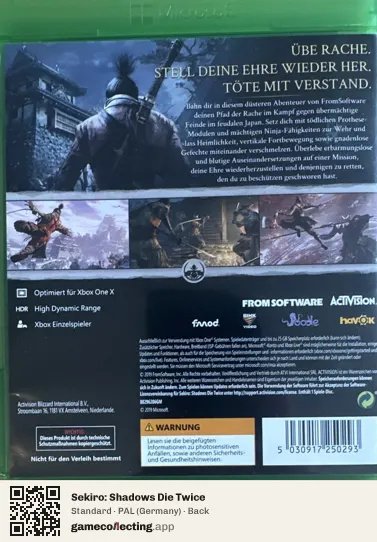 Sekiro: Shadows Die Twice Xbox One, Germany box back
