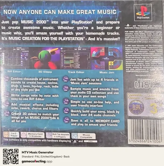 MTV Music Generator PlayStation, United Kingdom box back