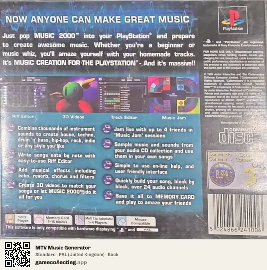MTV Music Generator PlayStation, United Kingdom box back