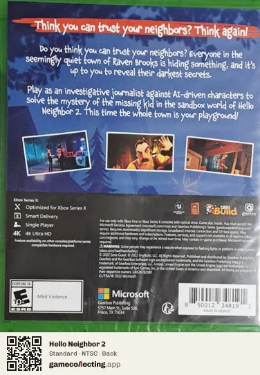 Hello Neighbor 2 Xbox Series X, NTSC box back