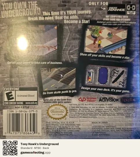 Tony Hawk's Underground Game Boy Advance, NTSC box back
