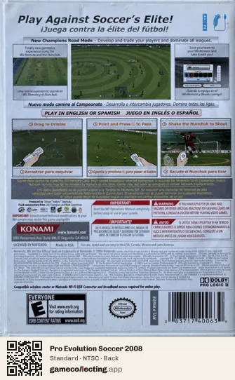 Pro Evolution Soccer 2008 Nintendo Wii, NTSC box back