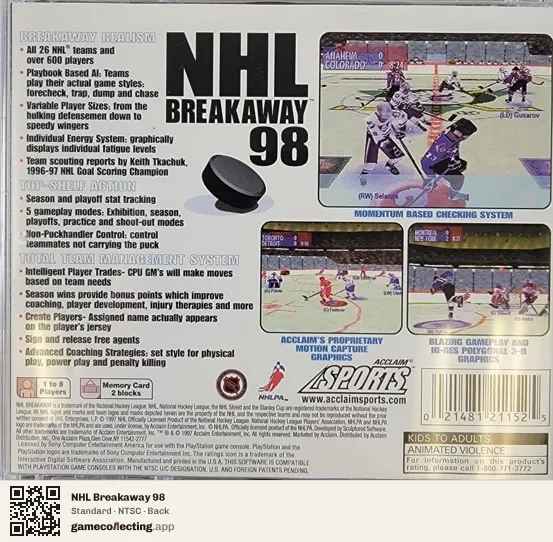 NHL Breakaway 98 PlayStation, NTSC box back