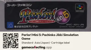 Parlor! Mini 5: Pachinko Jikki Simulation Game Super Nintendo Entertainment System, Asia cartridge label