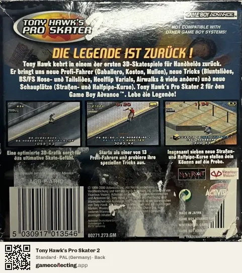 Tony Hawk's Pro Skater 2 Game Boy Advance, Germany box back