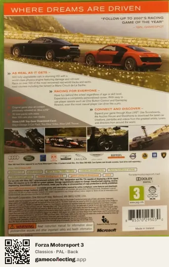 Forza Motorsport 3 Xbox 360, PAL box back