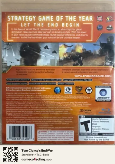 Tom Clancy's EndWar PlayStation 3, NTSC box back