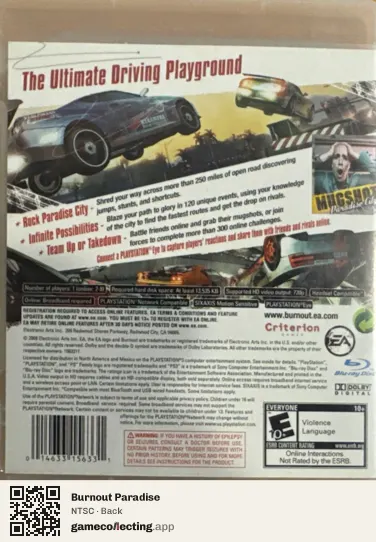 Burnout Paradise PlayStation 3, NTSC box back