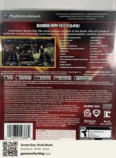 Green Day: Rock Band PlayStation 3, NTSC box back