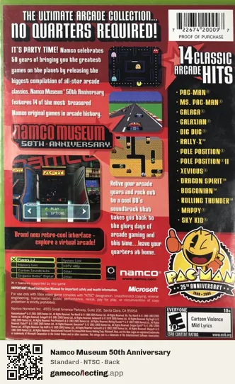 Namco Museum 50th Anniversary Xbox, NTSC box back