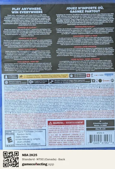 NBA 2K25 PlayStation 5, Canada box back