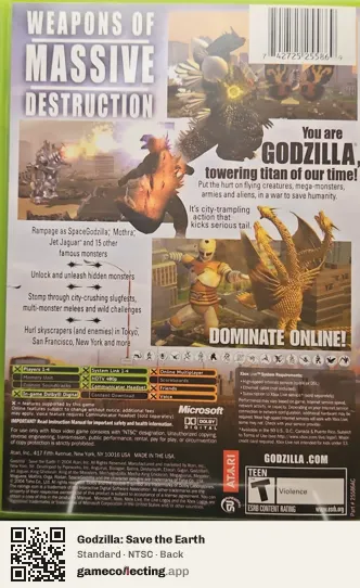 Godzilla: Save the Earth Xbox, NTSC box back