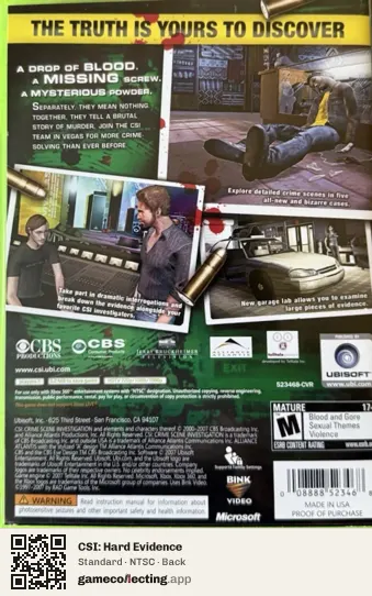 CSI: Hard Evidence Xbox 360, NTSC box back