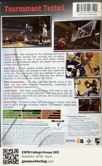 ESPN College Hoops 2K5 Xbox, NTSC box back