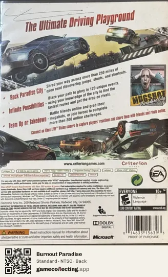 Burnout Paradise Xbox 360, NTSC box back