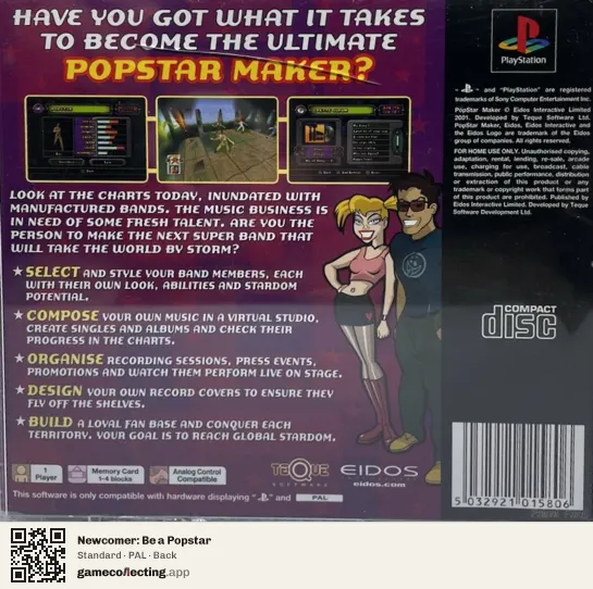 Newcomer: Be a Popstar PlayStation, PAL box back