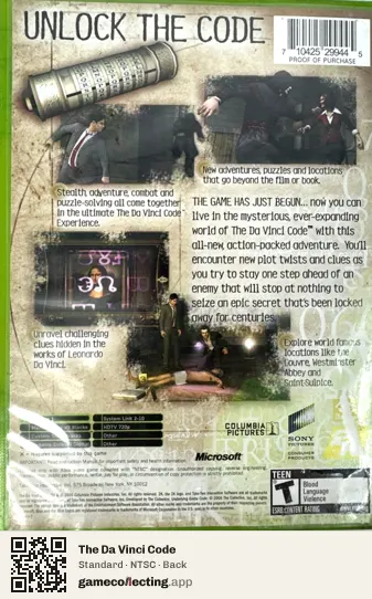 The Da Vinci Code Xbox, NTSC box back