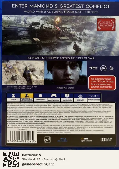 Battlefield V PlayStation 4, Australia box back