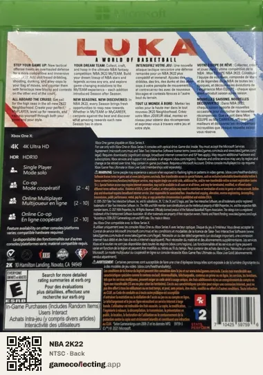 NBA 2K22 Xbox One, NTSC box back