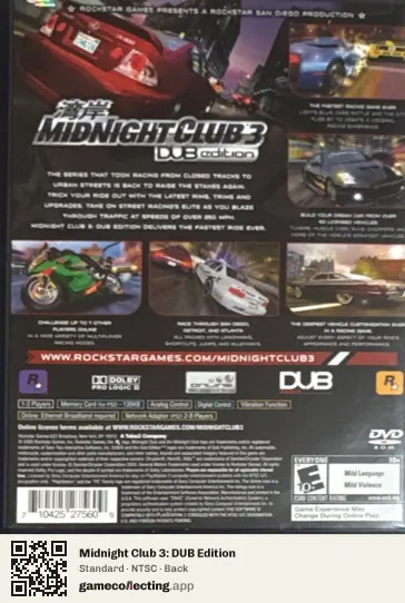 Midnight Club 3: DUB Edition PlayStation 2, NTSC box back