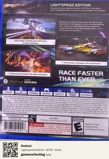 Redout PlayStation 4, NTSC box back