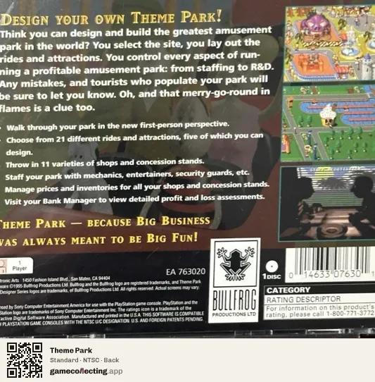 Theme Park PlayStation, NTSC box back
