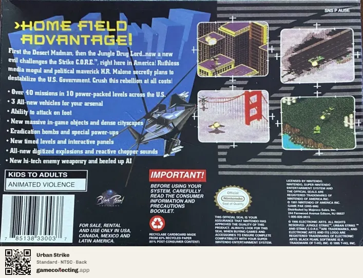 Urban Strike Super Nintendo Entertainment System, NTSC box back