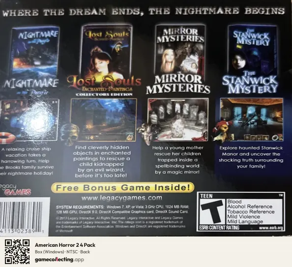 American Horror 2 4 Pack Computer, NTSC box back
