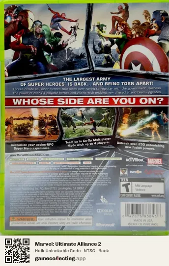 Marvel: Ultimate Alliance 2 Xbox 360, NTSC box back