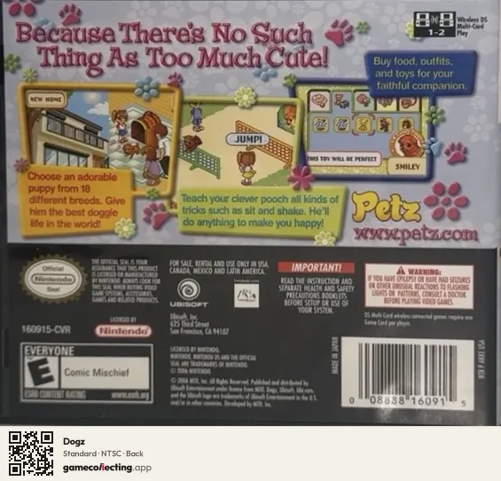 Dogz Nintendo DS, NTSC box back