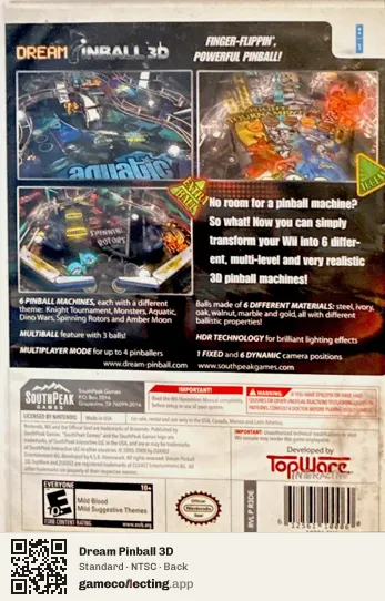 Dream Pinball 3D Nintendo Wii, NTSC box back