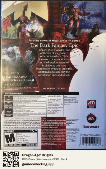 Dragon Age: Origins Computer, NTSC box back