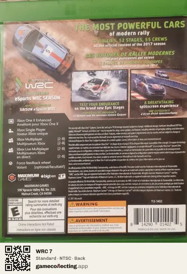WRC 7 Xbox One, NTSC box back