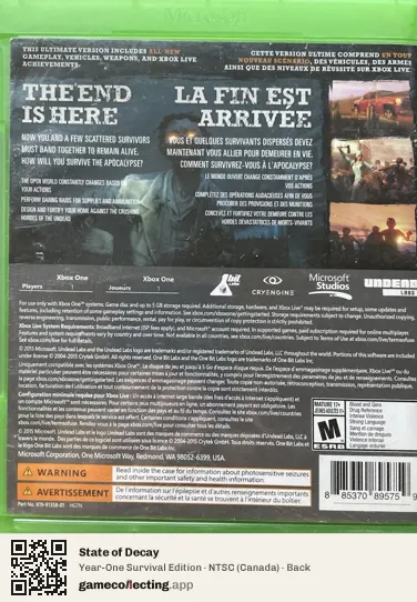 State of Decay Xbox One, Canada box back