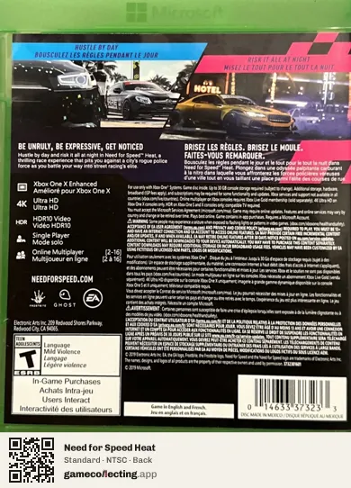 Need for Speed Heat Xbox One, NTSC box back