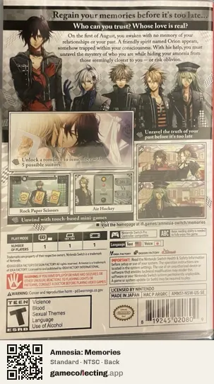 Amnesia: Memories Nintendo Switch, NTSC box back
