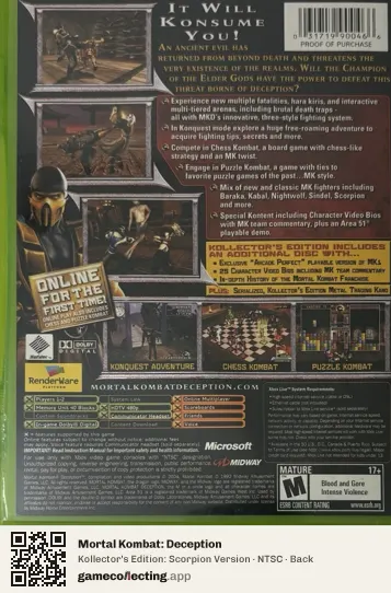 Mortal Kombat: Deception Xbox, NTSC box back