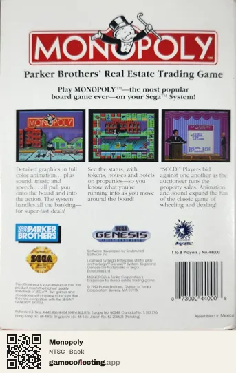Monopoly Sega Mega Drive / Genesis, NTSC box back