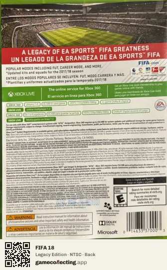 FIFA 18 Xbox 360, NTSC box back