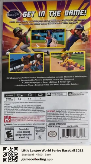 Little League World Series Baseball 2022 Nintendo Switch, NTSC box back