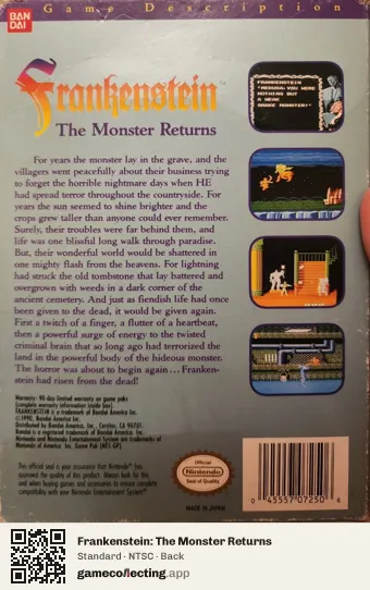 Frankenstein: The Monster Returns Nintendo Entertainment System, NTSC box back