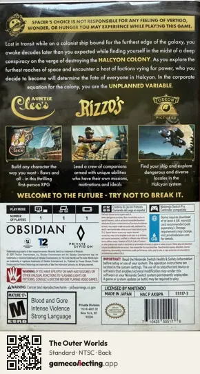 The Outer Worlds Nintendo Switch, NTSC box back
