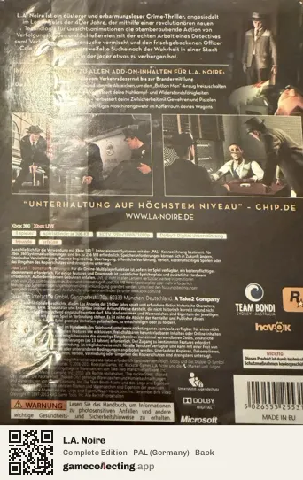 L.A. Noire Xbox 360, Germany box back