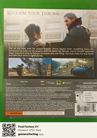 Final Fantasy XV Xbox One, NTSC box back